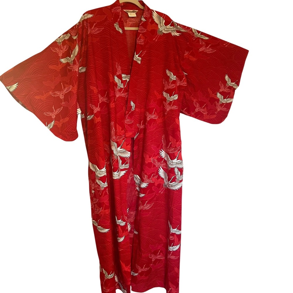 Vintage Made in Japan Red Cotton Kimono Robe White Flying Crane Bird Print O/S